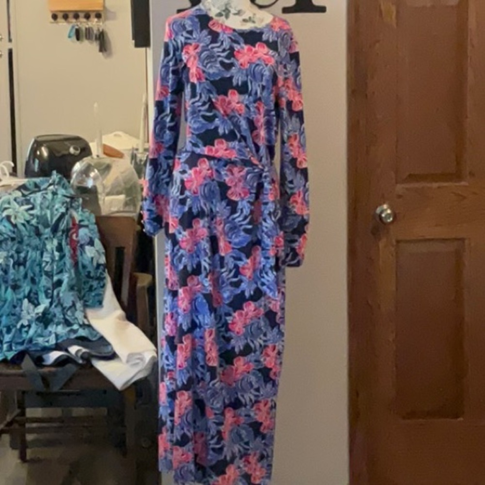 Lilly Pulitzer Blue and Pink Resort Gown with Bishop Sleeves